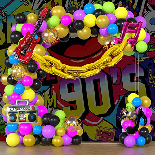 Haptda 90S 80S Themed Balloon Garland Party Decorations Purple Rose Red Green Yellow Blue Black Gold Confetti Balloons Chain Radio Guitar Music Note Foil Balloon for Back to 90s 80s Hip Pop Party Decor - Image 1