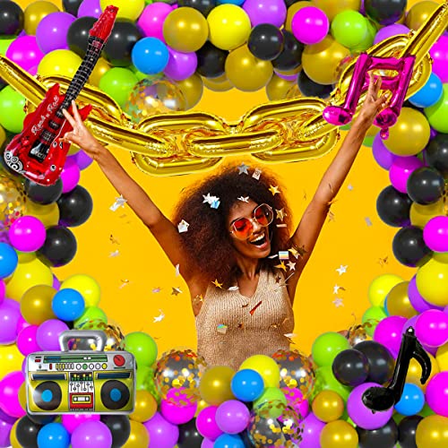 Haptda 90S 80S Themed Balloon Garland Party Decorations Purple Rose Red Green Yellow Blue Black Gold Confetti Balloons Chain Radio Guitar Music Note Foil Balloon for Back to 90s 80s Hip Pop Party Decor - Image 3