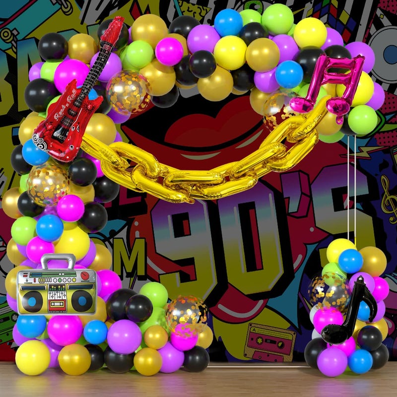 Haptda 90S 80S Themed Balloon Garland Party Decorations Purple Rose Red Green Yellow Blue Black Gold Confetti Balloons Chain Radio Guitar Music Note Foil Balloon for Back to 90s 80s Hip Pop Party Decor - Image 2