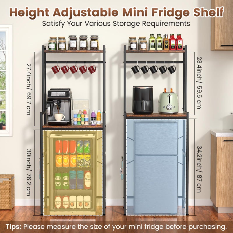 Housolution Mini Fridge Stand with Storage, 2-Tier Kitchen Microwave Stand with Storage Mini Fridge Shelf Height Adjustable Bakers Rack with 8 Hooks for Dorm, Living Room, Offices - Image 2