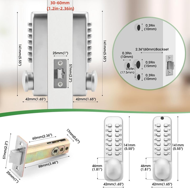 ANNFUZ Pure Mechanical Keyless Entry Keypad Door Knob Lock,Double-Sided Combination & Handle for Front Gate,Auto Locking,Interior Exterior Push Button Code & Lever Set for Fence,No Battery(Silver) - Image 2
