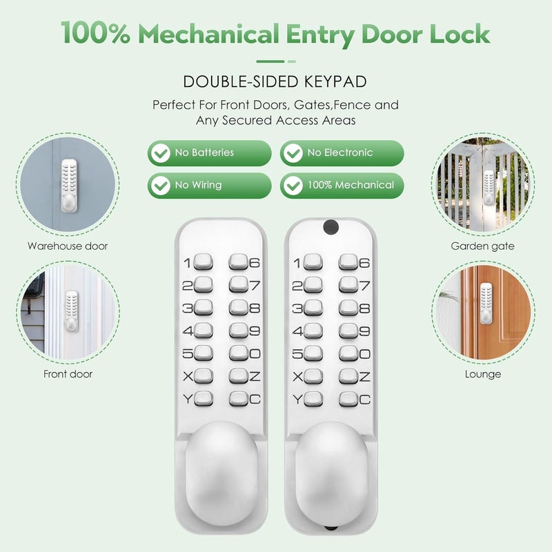 ANNFUZ Pure Mechanical Keyless Entry Keypad Door Knob Lock,Double-Sided Combination & Handle for Front Gate,Auto Locking,Interior Exterior Push Button Code & Lever Set for Fence,No Battery(Silver) - Image 4
