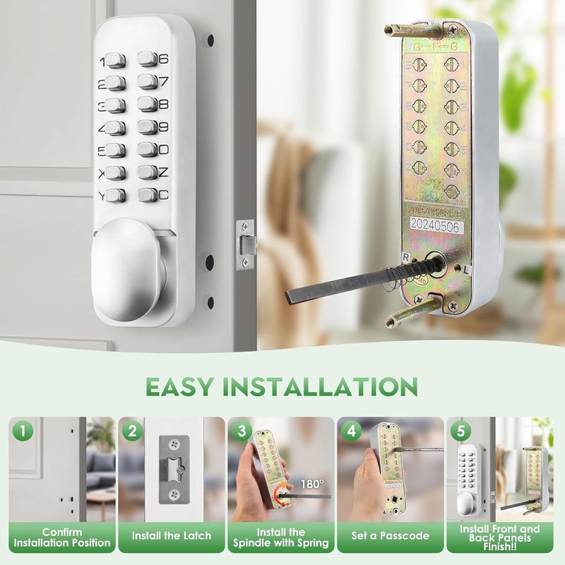 ANNFUZ Pure Mechanical Keyless Entry Keypad Door Knob Lock,Double-Sided Combination & Handle for Front Gate,Auto Locking,Interior Exterior Push Button Code & Lever Set for Fence,No Battery(Silver) - Image 5