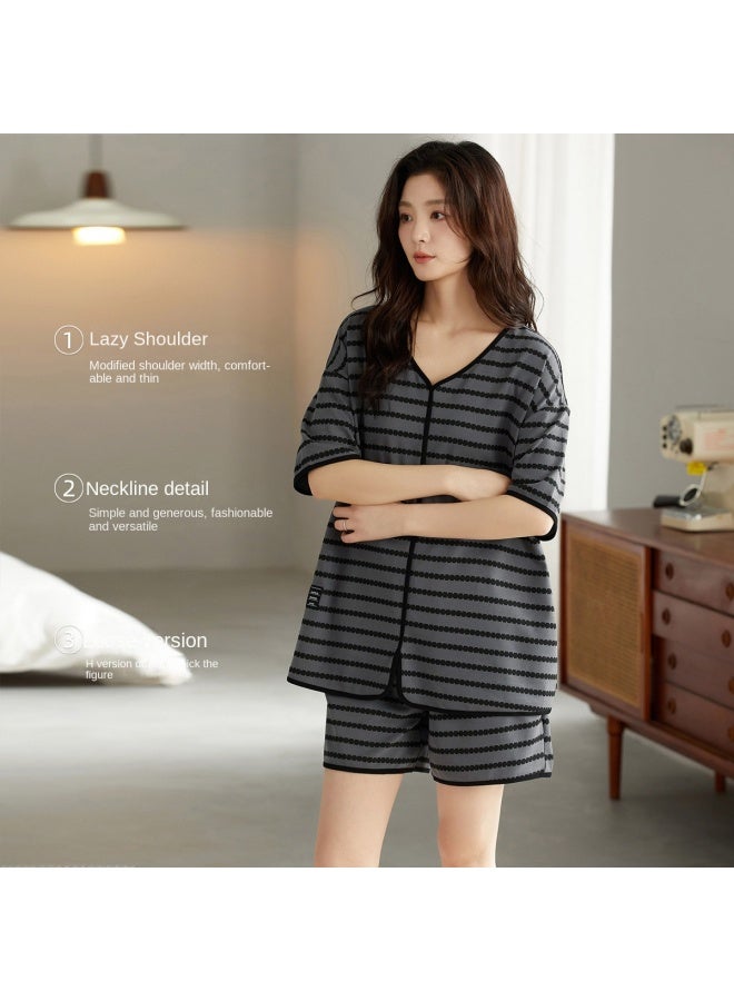 Top melon Chic Style · Premium Striped】summer Women's Short-sleeve Cardigan Pajama Shorts Set, Suitable For Outdoor Wear, Elegant Outfit - Image 3