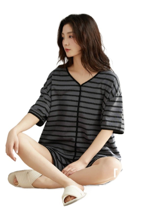 Top melon Chic Style · Premium Striped】summer Women's Short-sleeve Cardigan Pajama Shorts Set, Suitable For Outdoor Wear, Elegant Outfit - Image 1