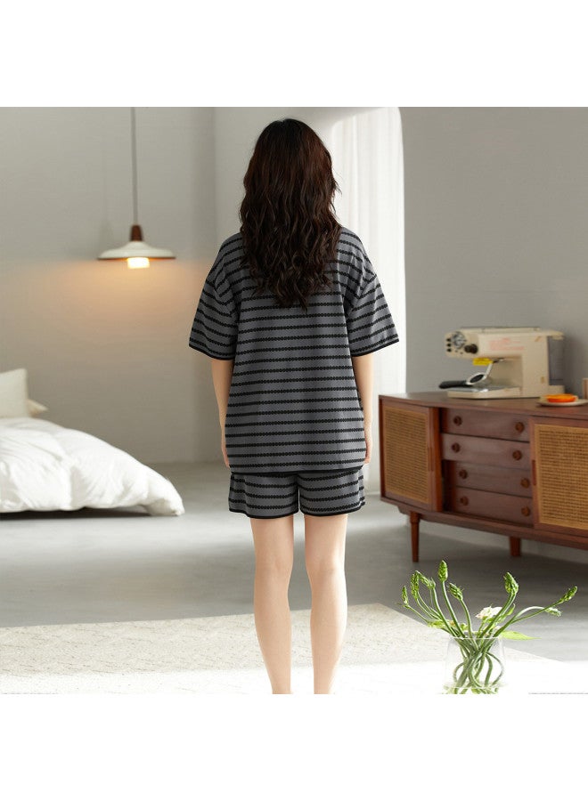 Top melon Chic Style · Premium Striped】summer Women's Short-sleeve Cardigan Pajama Shorts Set, Suitable For Outdoor Wear, Elegant Outfit - Image 4