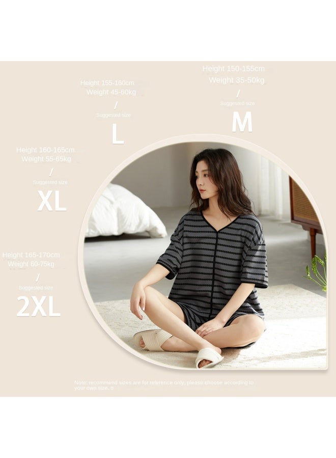 Top melon Chic Style · Premium Striped】summer Women's Short-sleeve Cardigan Pajama Shorts Set, Suitable For Outdoor Wear, Elegant Outfit - Image 5