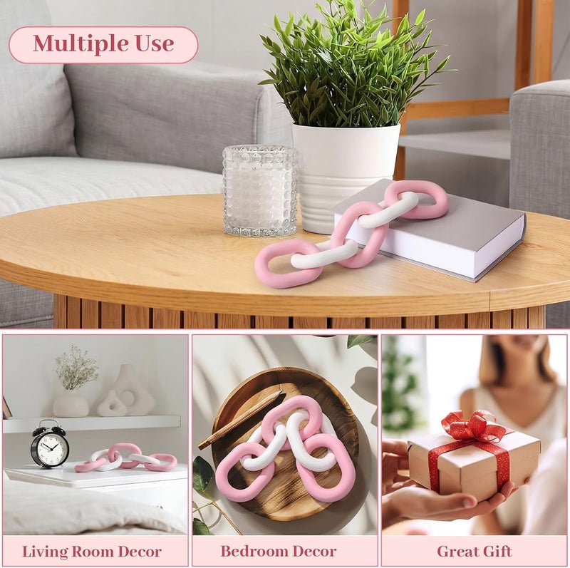 Queekay Decorative Wood Chain Link Decor Rustic 5 Link Wooden Chain Decor Ornament Farmhouse Home Decoration Hand Carved Wooden Crafts Ornaments for Coffee Table(Pink White,13.78 Inch) - Image 5