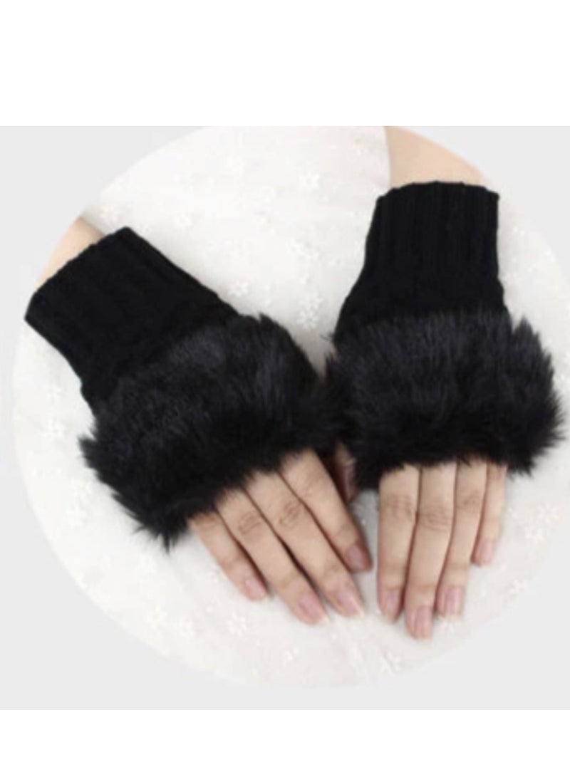 Woolen Winter Fashionable Fur Ladies Gloves Pair Black - Image 2