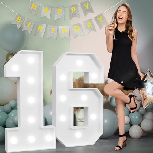 imprsv Marquee Numbers Large 16thBirthday Decorations 3ft Light Up Number Sweet 16 Party Decoration for Boy Girl Sixteen Year Old Decor Party Backdrop Anniversary Cardboard Big Mosaic Number 16 - Image 1