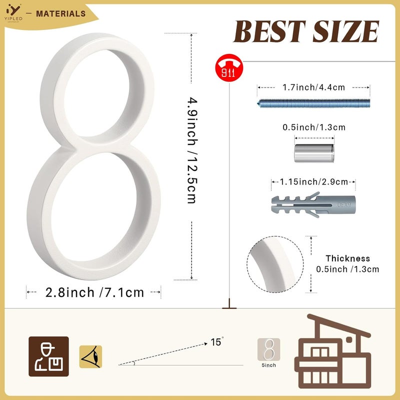 YIPLED 5 Inch House Numbers for Outside, Metal Address Number 8- Modern Design, Weather-Resistant White Crystal Powder Coated Finish, Stain Resistant, No Paint Peeling (White) - Image 3