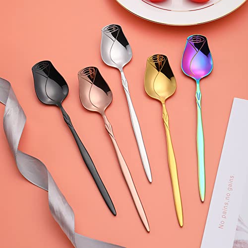 Stainless Steel 5Piece Rose Flower Shaped Spoon Set  Coffee Dessert Ice Cream  Tea Spoons  Cute Multicolor Gift