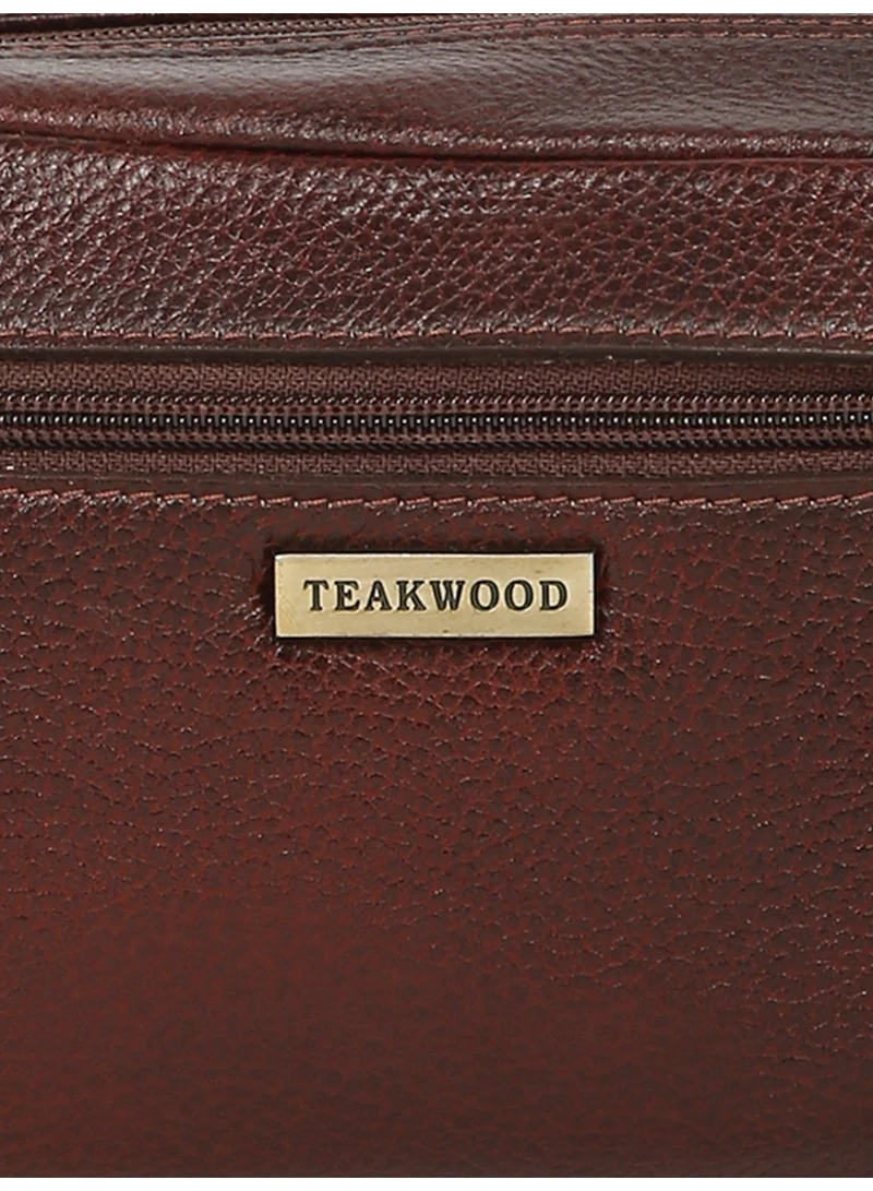 Teakwood  Teakwood Essentials Genuine Leather Travel Toiletry Bag | Large Capacity Cosmetic & Grooming Organizer | Front Zipper Pocket | Spacious Main Storage | Easy-Carry Wrist Handle | Travel Wash Bag for Men & Women | Maroon  | Best Price UAE