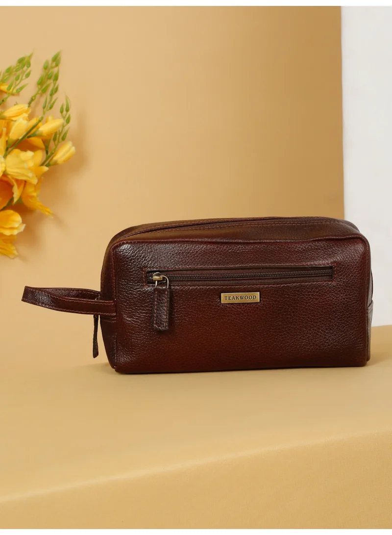 Teakwood  Teakwood Essentials Genuine Leather Travel Toiletry Bag | Large Capacity Cosmetic & Grooming Organizer | Front Zipper Pocket | Spacious Main Storage | Easy-Carry Wrist Handle | Travel Wash Bag for Men & Women | Maroon  | Best Price UAE