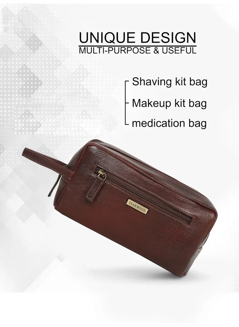 Teakwood  Teakwood Essentials Genuine Leather Travel Toiletry Bag | Large Capacity Cosmetic & Grooming Organizer | Front Zipper Pocket | Spacious Main Storage | Easy-Carry Wrist Handle | Travel Wash Bag for Men & Women | Maroon  | Best Price UAE