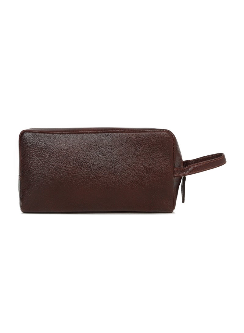 Teakwood Essentials Genuine Leather Travel Toiletry Bag | Large Capacity Cosmetic & Grooming Organizer | Front Zipper Pocket | Spacious Main Storage | Easy-Carry Wrist Handle | Travel Wash Bag for Men & Women | Maroon - Image 3