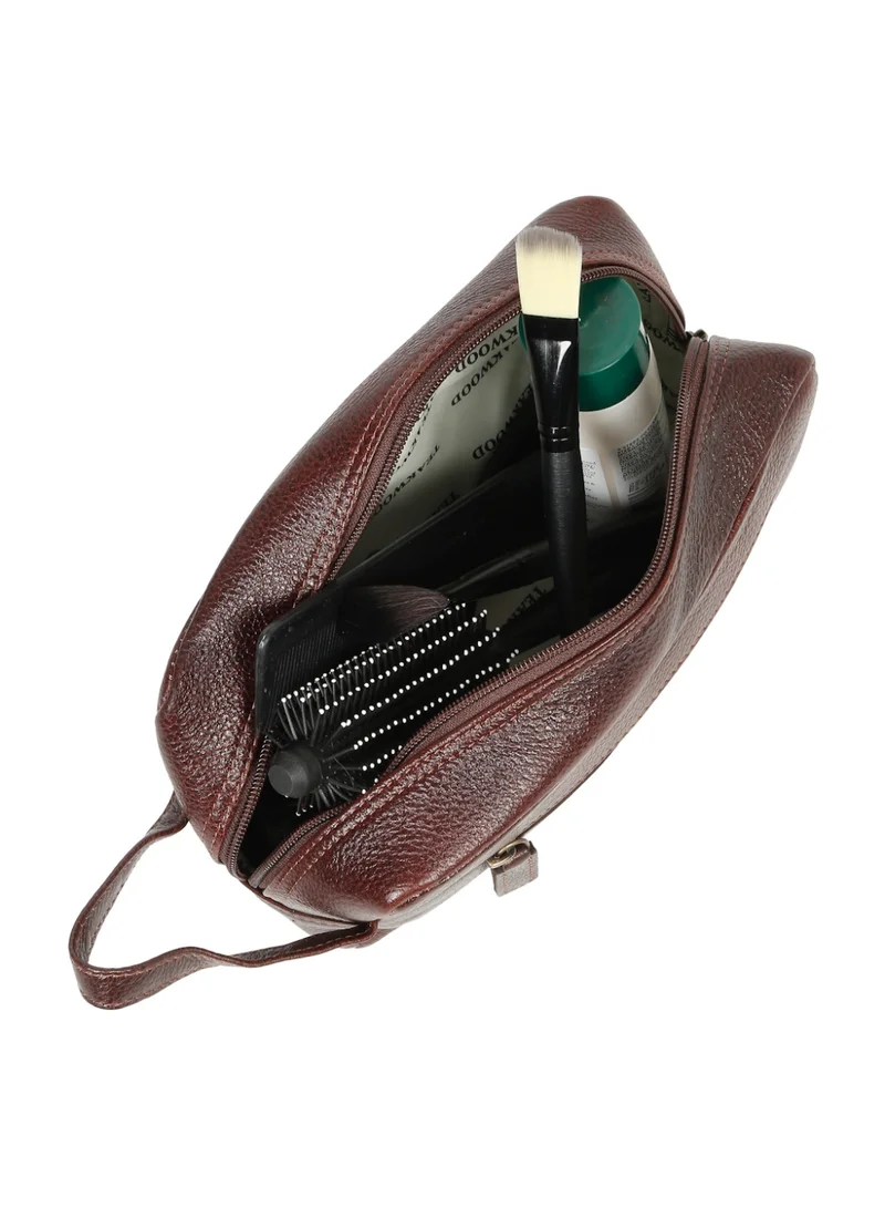 Teakwood  Teakwood Essentials Genuine Leather Travel Toiletry Bag | Large Capacity Cosmetic & Grooming Organizer | Front Zipper Pocket | Spacious Main Storage | Easy-Carry Wrist Handle | Travel Wash Bag for Men & Women | Maroon  | Best Price UAE