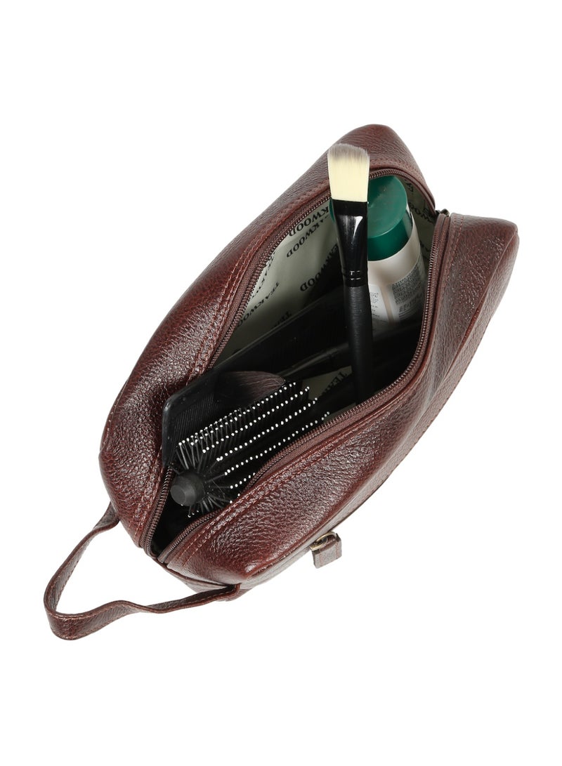 Teakwood Essentials Genuine Leather Travel Toiletry Bag | Large Capacity Cosmetic & Grooming Organizer | Front Zipper Pocket | Spacious Main Storage | Easy-Carry Wrist Handle | Travel Wash Bag for Men & Women | Maroon - Image 4