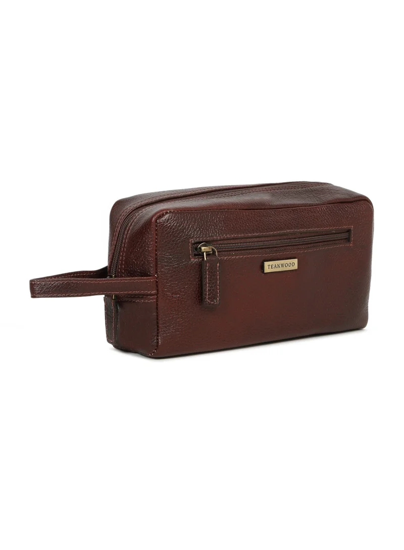 تيك وود Teakwood Essentials Genuine Leather Travel Toiletry Bag | Large Capacity Cosmetic & Grooming Organizer | Front Zipper Pocket | Spacious Main Storage | Easy-Carry Wrist Handle | Travel Wash Bag for Men & Women | Maroon