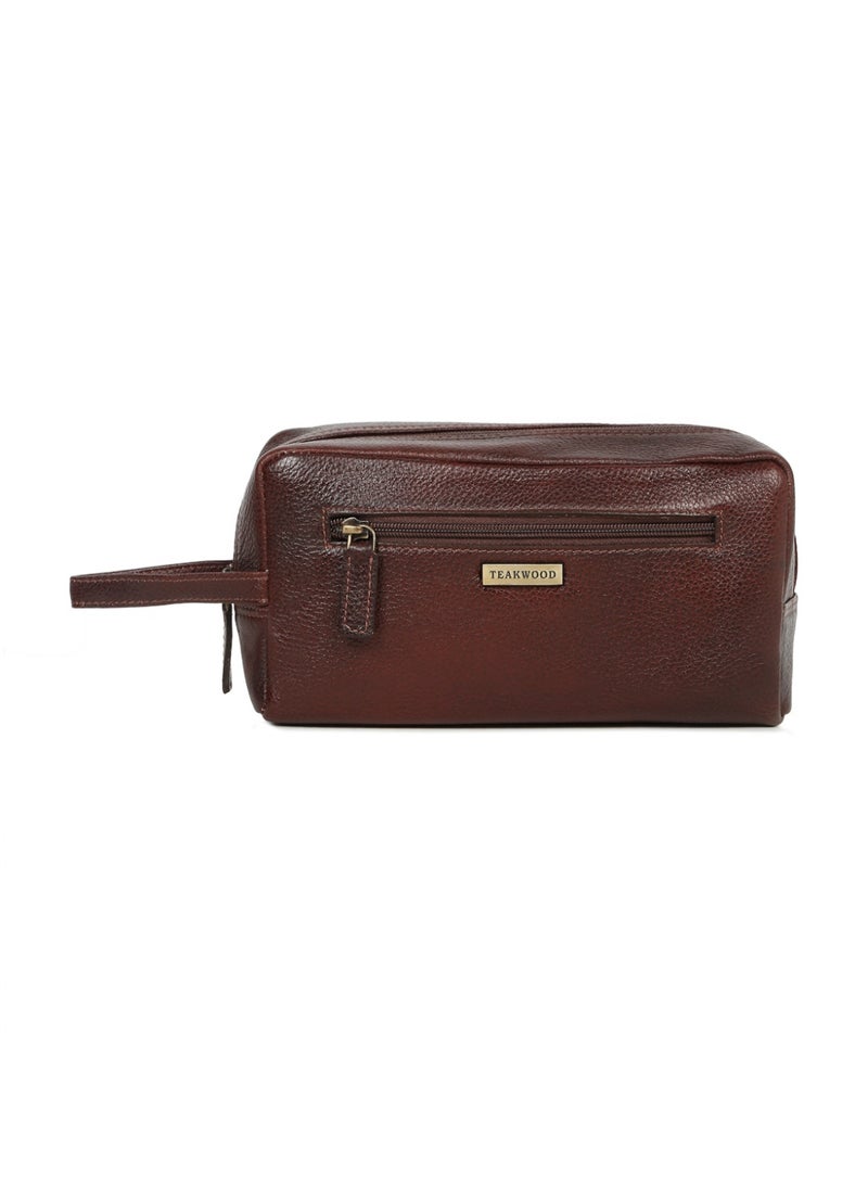 Teakwood Essentials Genuine Leather Travel Toiletry Bag | Large Capacity Cosmetic & Grooming Organizer | Front Zipper Pocket | Spacious Main Storage | Easy-Carry Wrist Handle | Travel Wash Bag for Men & Women | Maroon - Image 1