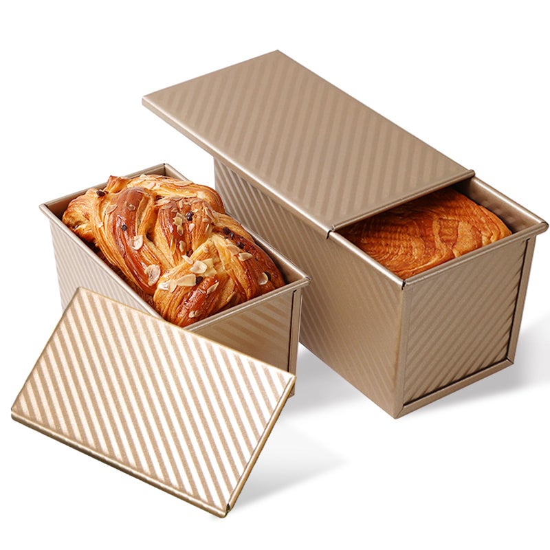 Cayanmydery 2 Pack Pullman Loaf Pan with Lid, 1 lb/0.5 lb Dough Capacity, Carbon Steel Corrugated, Non-Stick Sandwich Bread Loaf Pan with Lid - Image 1
