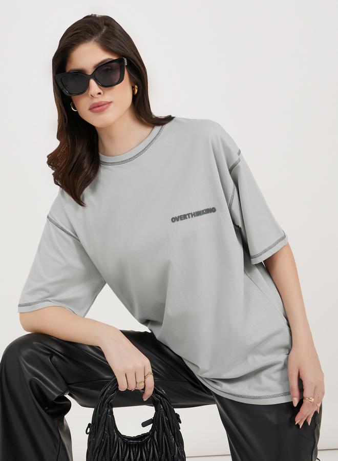Styli Slogan Print Oversized Jersey T-Shirt with Stitch Detail  - Image 1