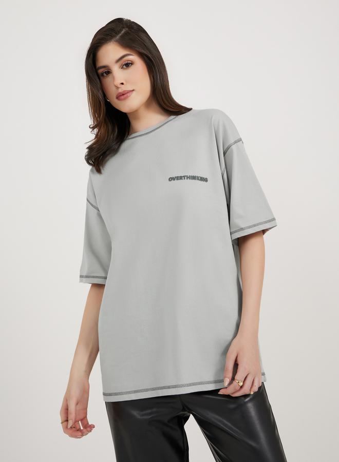 Styli Slogan Print Oversized Jersey T-Shirt with Stitch Detail  - Image 3