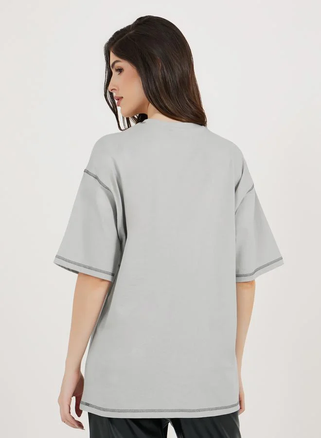 Styli Slogan Print Oversized Jersey T-Shirt with Stitch Detail