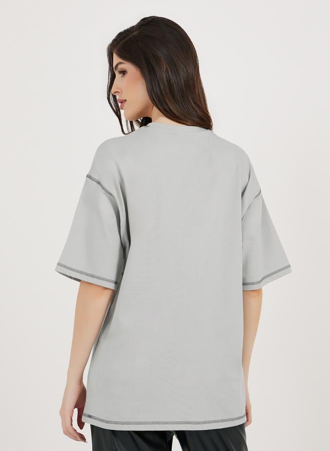 Styli Slogan Print Oversized Jersey T-Shirt with Stitch Detail  - Image 5
