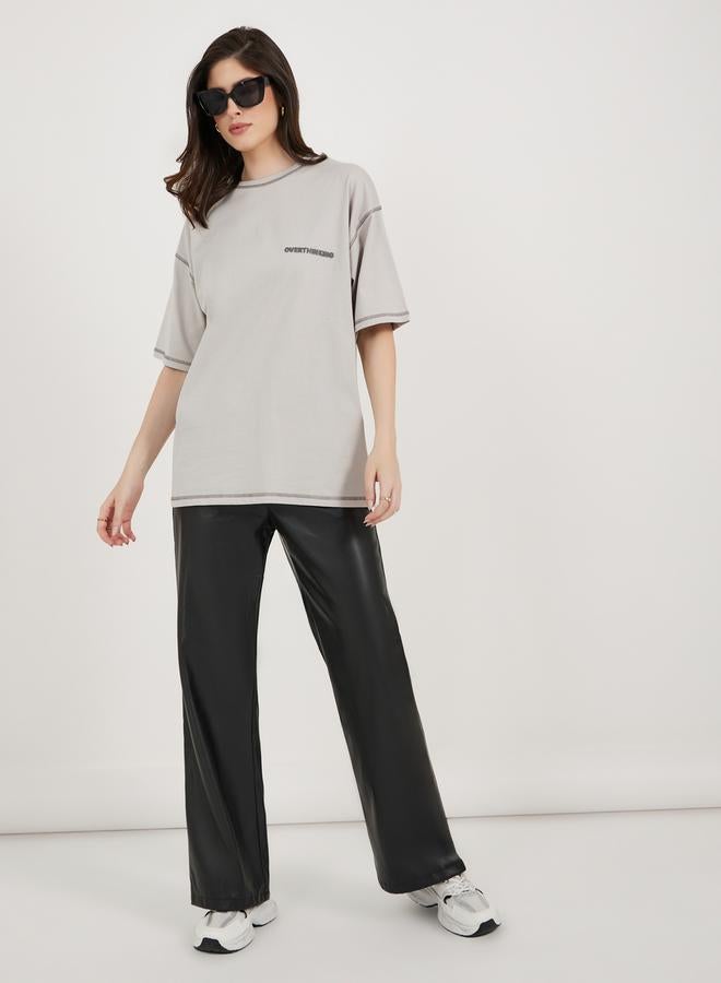 Styli Slogan Print Oversized Jersey T-Shirt with Stitch Detail  - Image 2