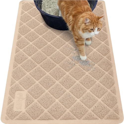 GORILLA GRIP Cat Litter Box Mat 35x23 Cushioned Coil Mesh Litter Trapping Mats Scatter Control Supplies for Less Mess Phthalate Free Ultra Deep Catch Grooves Rinse or Vacuum to Clean Beige - Image 1