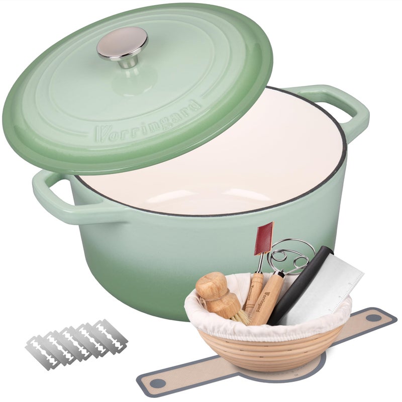 VORRINGARD Enameled Cast Iron Dutch Oven Pot with Lid, for Bread Baking, Round Bread Oven- include Sourdough Bread Baking Supplies Set, 6QT, Green - Image 1