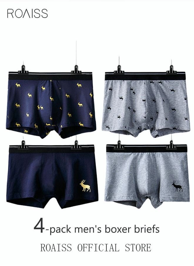 roaiss 4 Pack Set Men's 95% Cotton Boxers Shorts Briefs Breathable Soft Underpants Summer High Elastic Classic Elk Pattern Printing Teenager Underwear  - Image 1