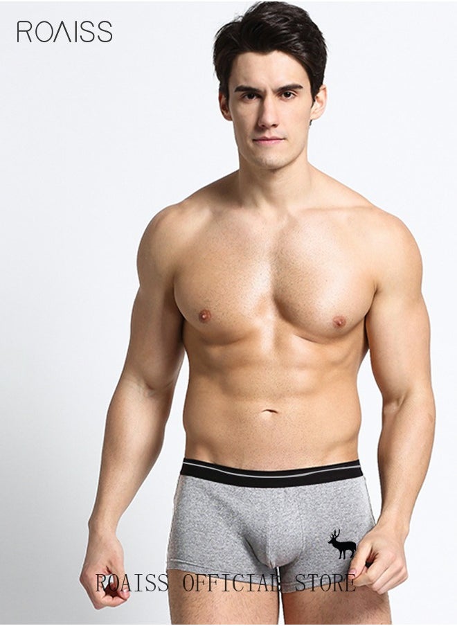 roaiss 4 Pack Set Men's 95% Cotton Boxers Shorts Briefs Breathable Soft Underpants Summer High Elastic Classic Elk Pattern Printing Teenager Underwear  - Image 2