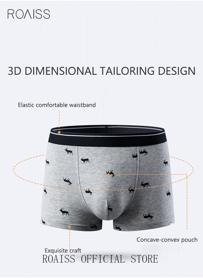 roaiss 4 Pack Set Men's 95% Cotton Boxers Shorts Briefs Breathable Soft Underpants Summer High Elastic Classic Elk Pattern Printing Teenager Underwear  - Image 3