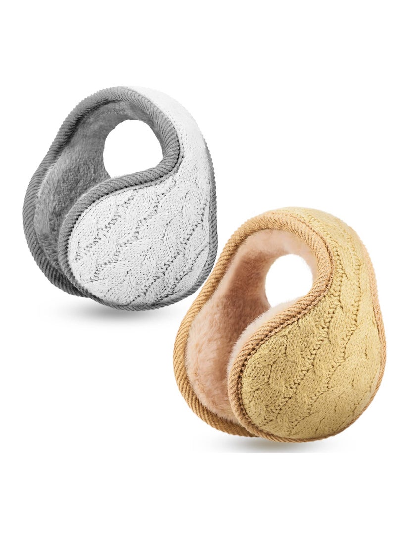 KASTWAVE 2 Pieces Foldable Ear Warmers Adjustable Knitted Earmuffs with Fuzzy Fleece Lining Unisex Furry Winter Earmuffs (White & Yellow) - Image 1