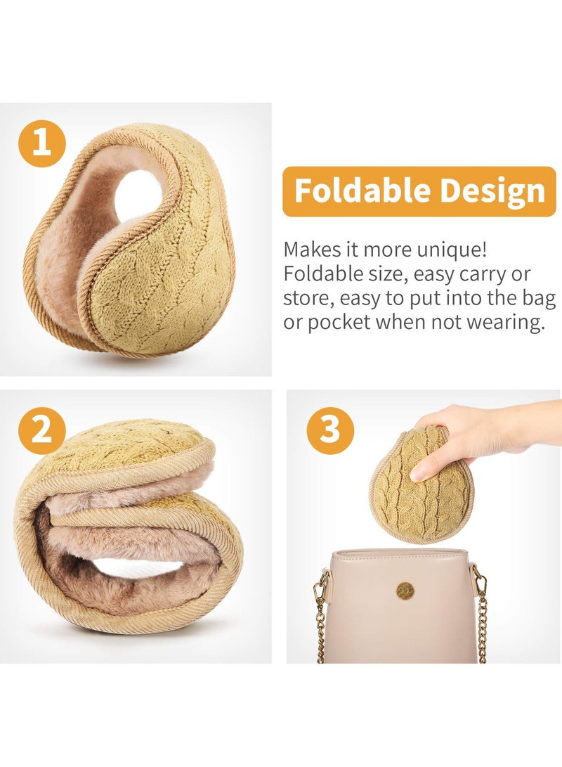 KASTWAVE 2 Pieces Foldable Ear Warmers Adjustable Knitted Earmuffs with Fuzzy Fleece Lining Unisex Furry Winter Earmuffs (White & Yellow) - Image 2