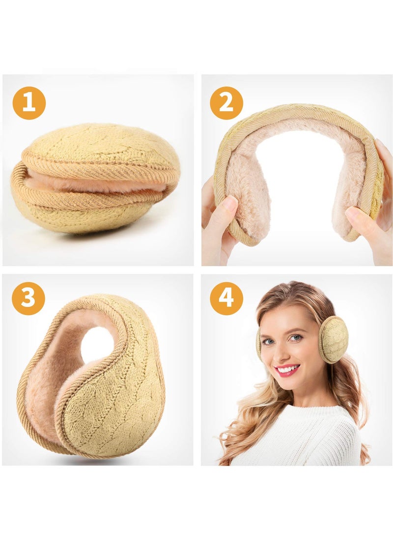 KASTWAVE 2 Pieces Foldable Ear Warmers Adjustable Knitted Earmuffs with Fuzzy Fleece Lining Unisex Furry Winter Earmuffs (White & Yellow) - Image 4