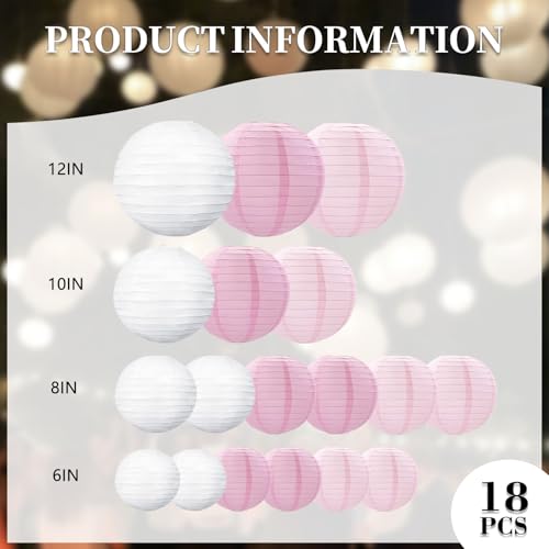Zankubom 20Pcs Pink Light Pink White Paper Lanterns for Parties 6 8 10 12 Chinese Asian Hanging Round Paper Lanterns for Birthday Wedding Halloween Christmas Home Decor Party Decor - Image 3