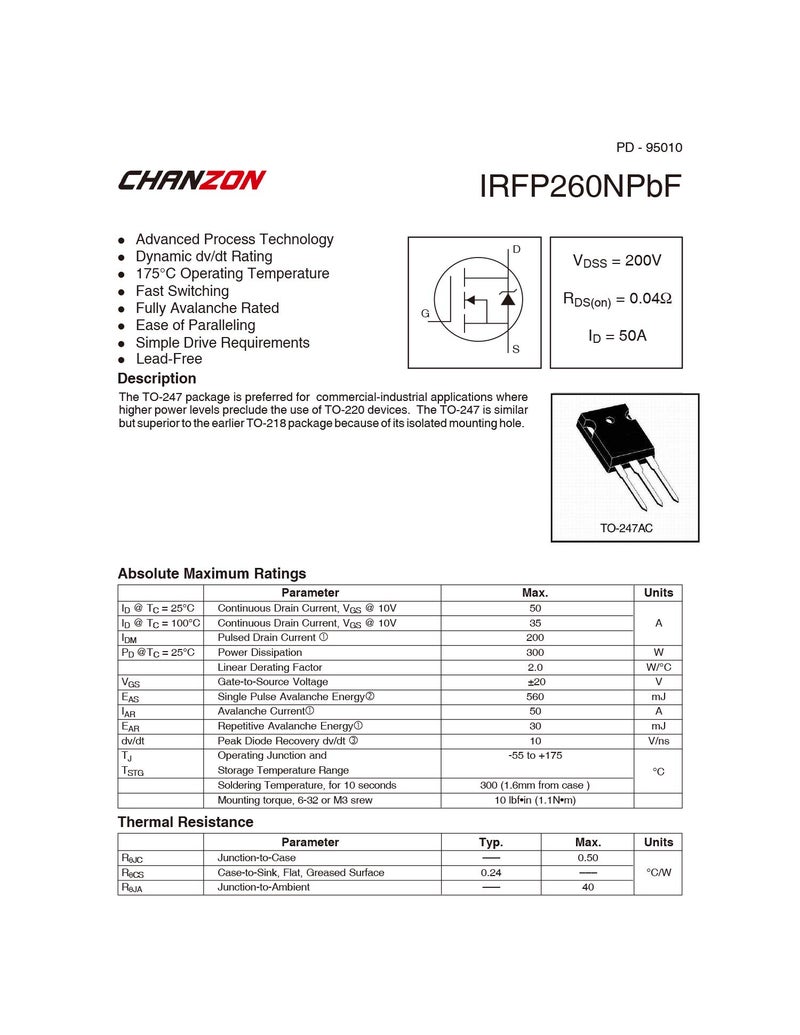 Chanzon IRFP260NPBF TO-247 NMOS MOS N-Channel Power MOSFET Transistor, High Dissipation and Current (Pack of 5pcs) - Image 4