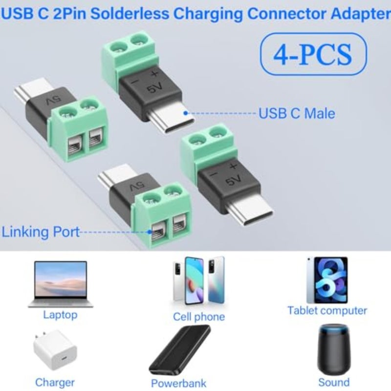 مشاريع DIY والإصلاح: محول USB من النوع C إلى 2 دبوس بدون لحام، غطاء بلاستيكي أسود، قابس طرفي لولبي، 5 فولت 1.5 أمبير، بدون نقل بيانات، 4 عبوات - Image 5