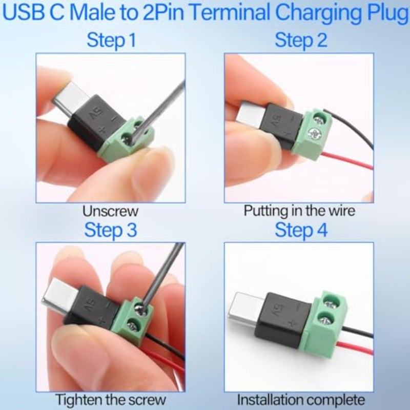 مشاريع DIY والإصلاح: محول USB من النوع C إلى 2 دبوس بدون لحام، غطاء بلاستيكي أسود، قابس طرفي لولبي، 5 فولت 1.5 أمبير، بدون نقل بيانات، 4 عبوات - Image 2