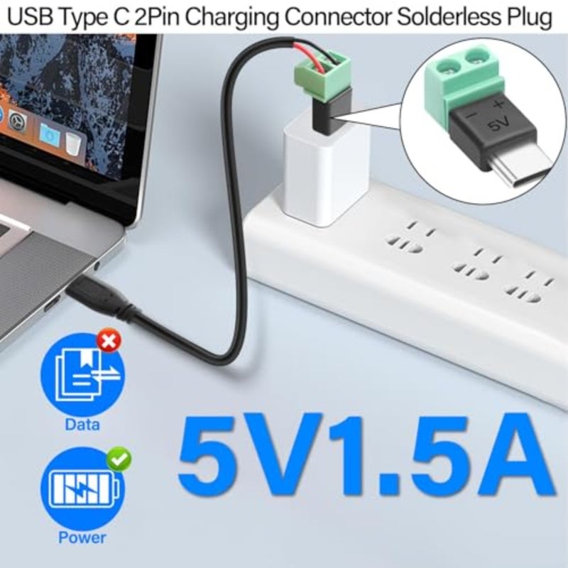 مشاريع DIY والإصلاح: محول USB من النوع C إلى 2 دبوس بدون لحام، غطاء بلاستيكي أسود، قابس طرفي لولبي، 5 فولت 1.5 أمبير، بدون نقل بيانات، 4 عبوات - Image 3