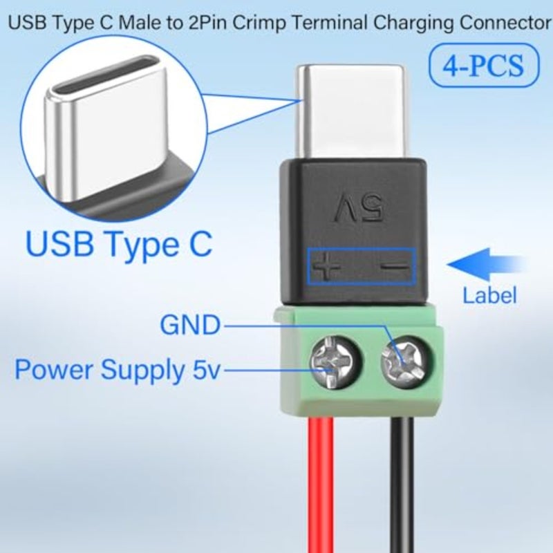 مشاريع DIY والإصلاح: محول USB من النوع C إلى 2 دبوس بدون لحام، غطاء بلاستيكي أسود، قابس طرفي لولبي، 5 فولت 1.5 أمبير، بدون نقل بيانات، 4 عبوات - Image 4