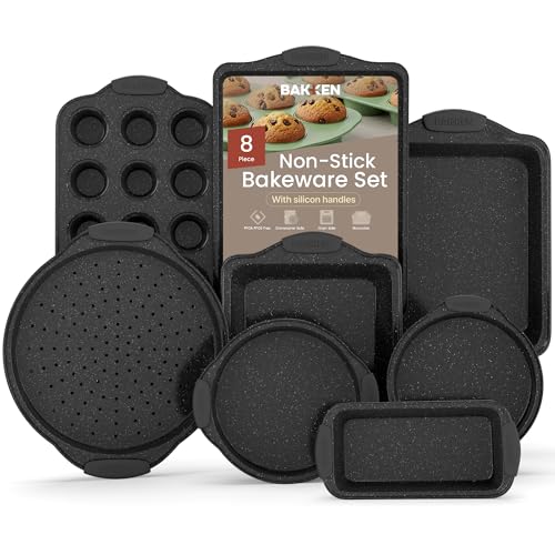 BAKKEN 8Piece Kitchen Oven Baking Pans Set  Deluxe Nonstick Gray Marble Coating Professional Grade Carbon Steel Bakeware with Silicone Handles  Oven Dishwasher and Freezer Safe