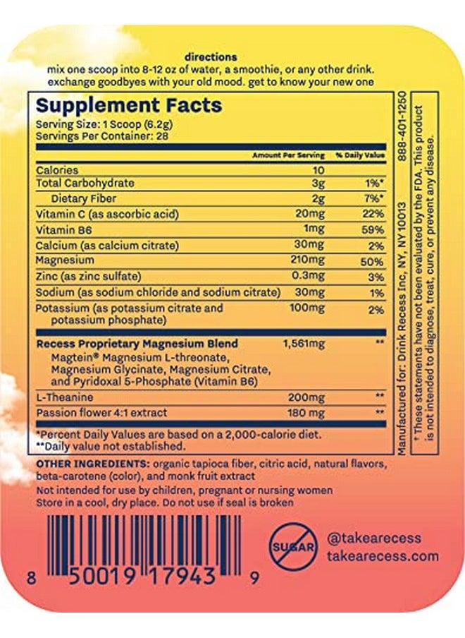 RECESS - Mood Powder, Calming Magnesium L-Threonate Blend With Passion Flower, L-Theanine, Electrolytes, Magnesium Calm Support Powder Supplement - Lemon Citrus 28 Serving Tub - Image 1