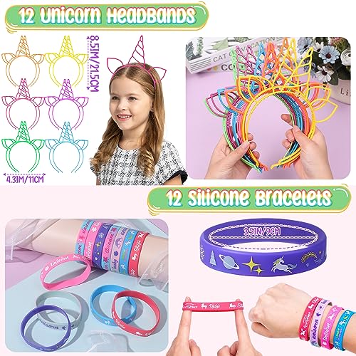 Winrayk 146Pcs Unicorn Party Favors Birthday Supplies Girls Headband Bag Bracelet Stamper Keychain Slap Bracelet Tattoo Sticker Ring Goodie Stuffer Pinata Filler Rainbow Unicorn Party Supplies Decor - Image 5