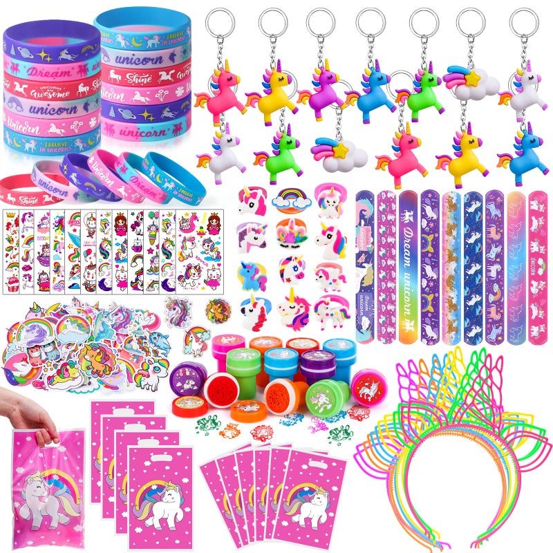 Winrayk 146Pcs Unicorn Party Favors Birthday Supplies Girls Headband Bag Bracelet Stamper Keychain Slap Bracelet Tattoo Sticker Ring Goodie Stuffer Pinata Filler Rainbow Unicorn Party Supplies Decor - Image 3