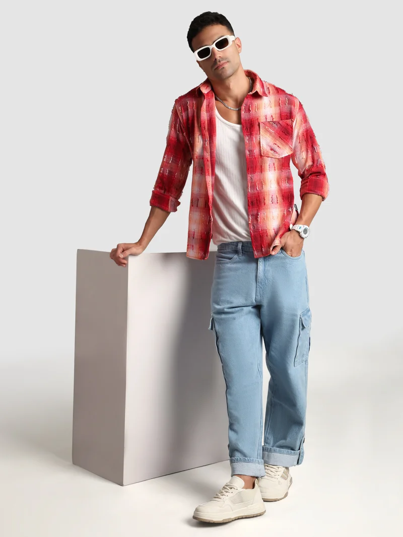 Beyoung Red Frayed Check Shirt