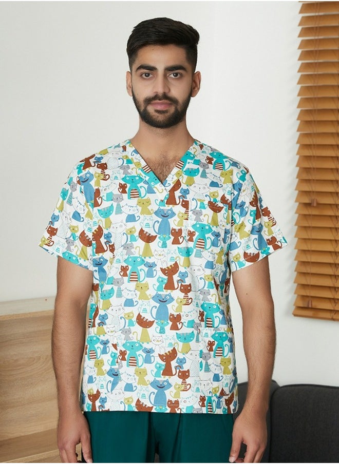 Loquat Unisex Printed V-Neck Medical Uniform Scrubs Top for Women/Men Workwear 